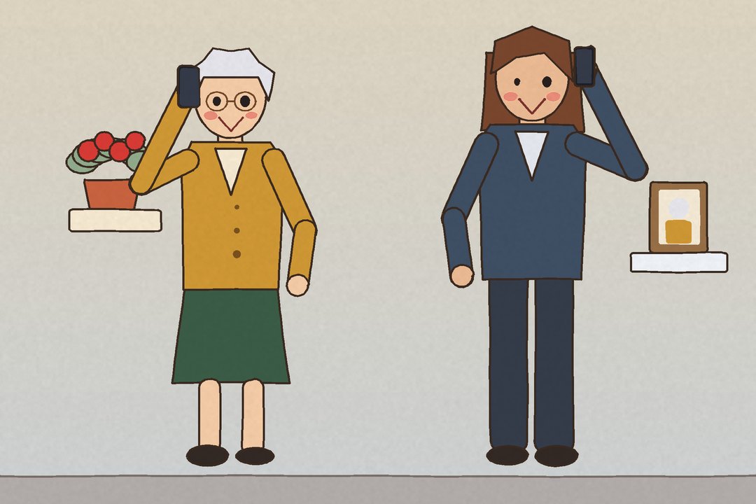 Illustration: a mother at home and her daughter at work, both smiling on the phone