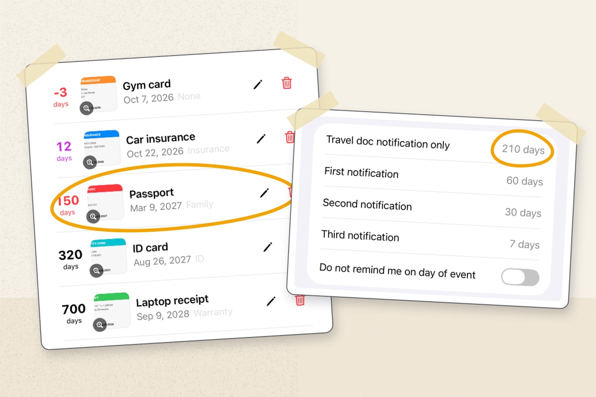 Two Remembera screens on a desk: the item list with the passport circled, and the reminder settings with 210 days circled